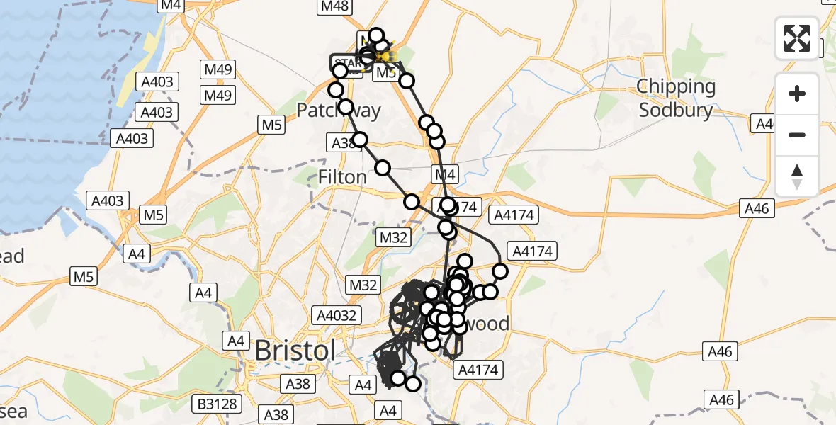 Flight path map showing Police Helicopter route from Almondsbury Helicopter Base to Almondsbury Helicopter Base