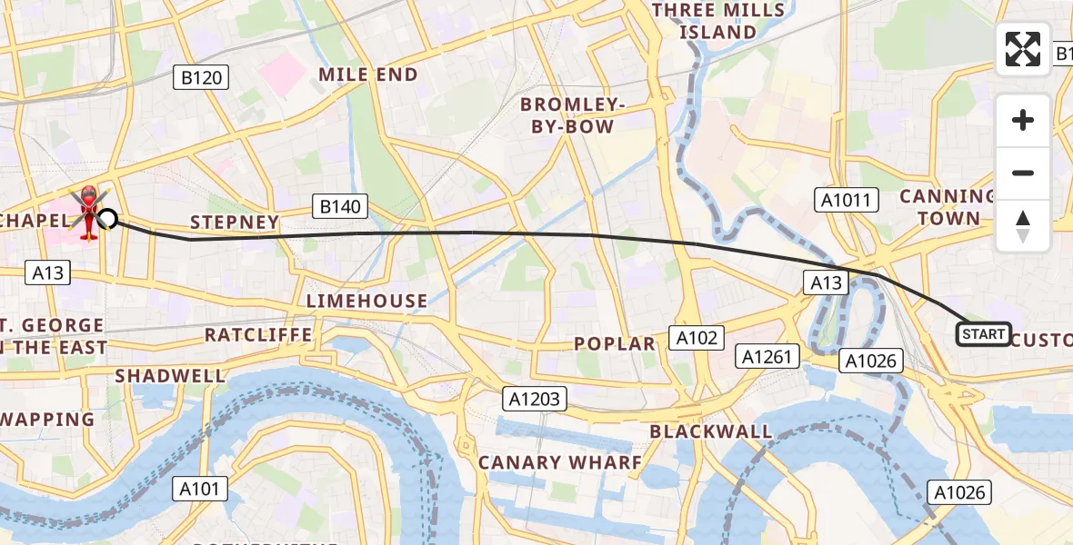 Flight path map showing Air Ambulance Helicopter route from Greater London to Royal London Hospital