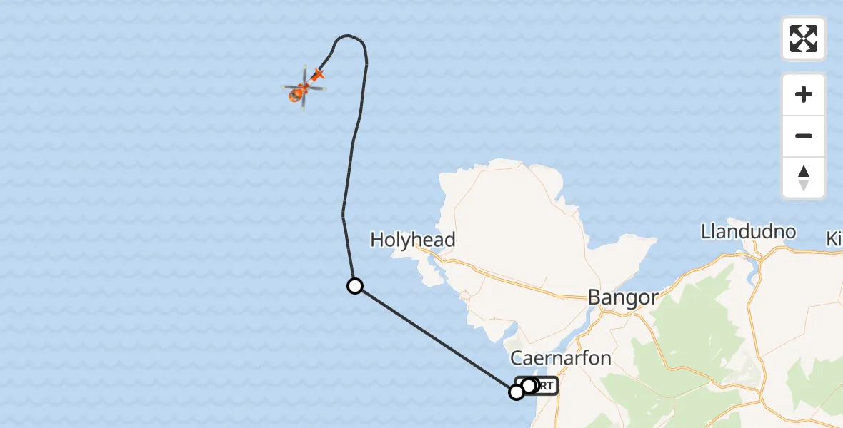Flight path map showing Coastguard Helicopter route from Caernarfon Airport to Irish Sea