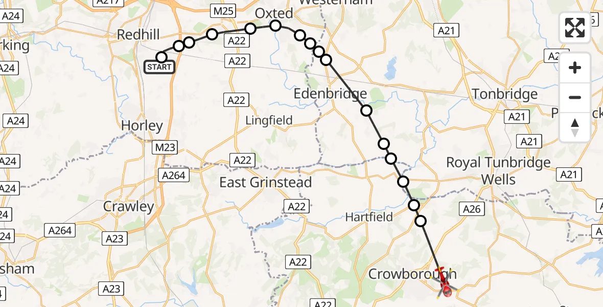Flight path map showing Air Ambulance Helicopter route from Redhill Aerodrome to Rotherfield