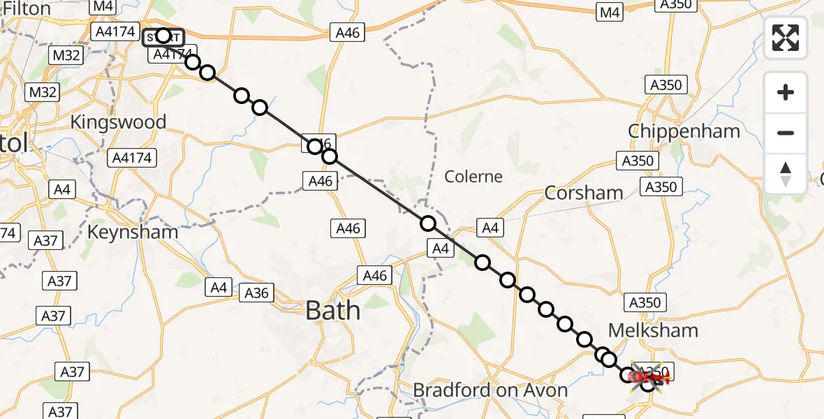 Flight path map showing Air Ambulance Helicopter route from Westerleigh Lane to Melksham
