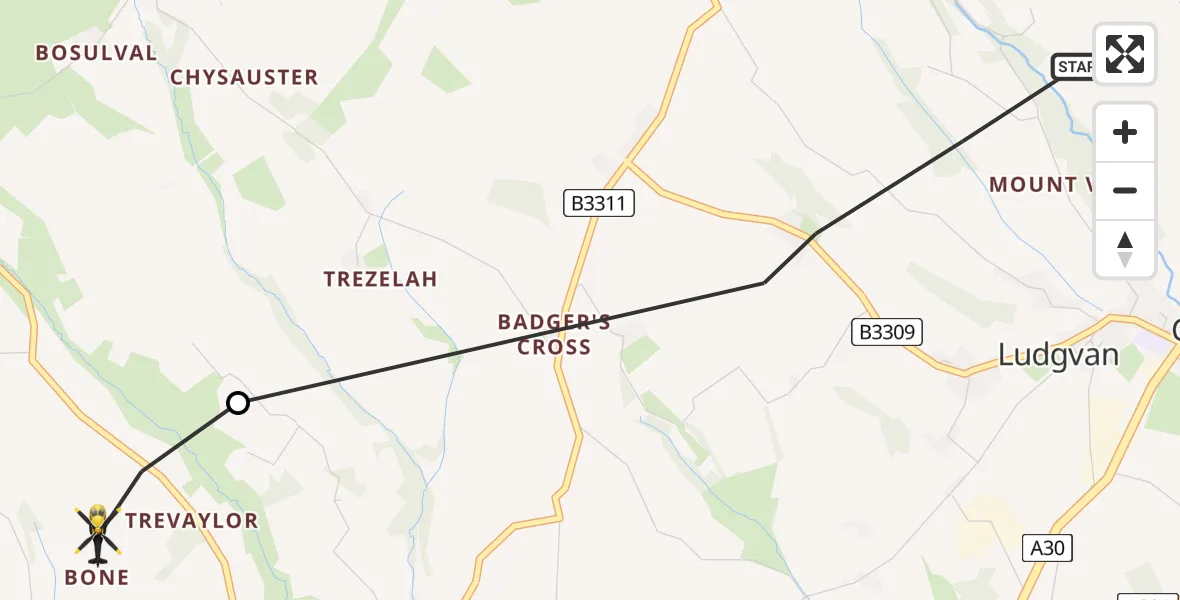 Flight path map showing Police Helicopter route from Ludgvan to Heamoor
