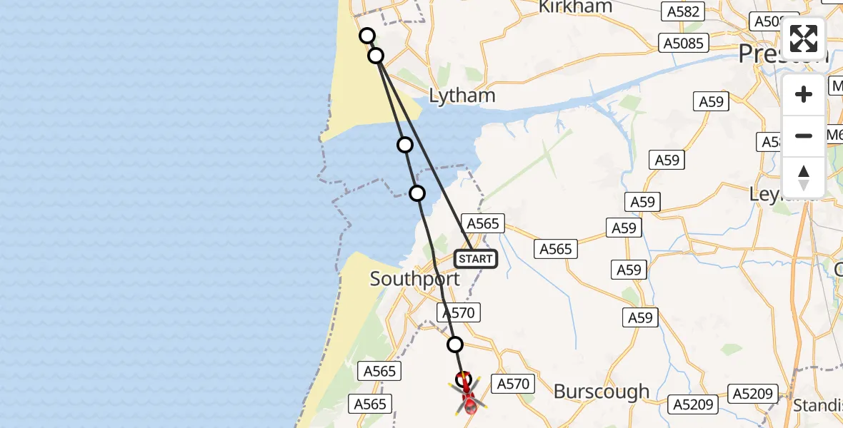 Flight path map showing Air Ambulance Helicopter route from Sefton to Halsall