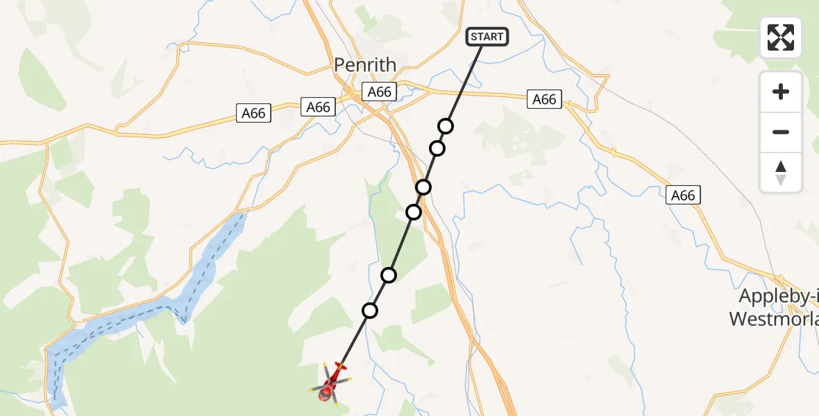 Flight path map showing Air Ambulance Helicopter route from Edenhall to Bampton Grange