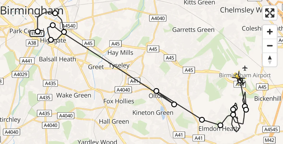 Flight path map showing Police Helicopter route from Park Central to Birmingham Airport