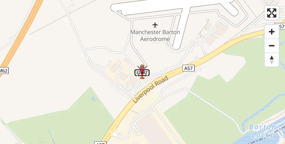 Flight path map showing Air Ambulance Helicopter route from Manchester Barton Aerodrome to Manchester Barton Aerodrome