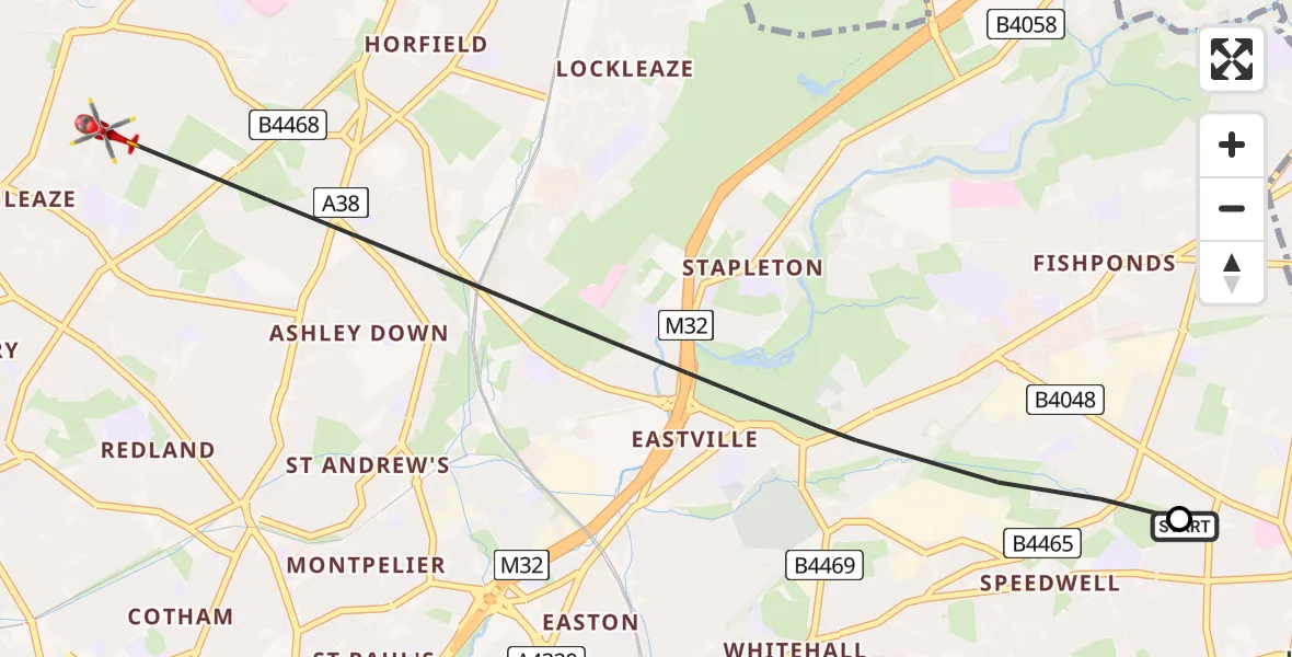 Flight path map showing Air Ambulance Helicopter route from Bristol to Bristol