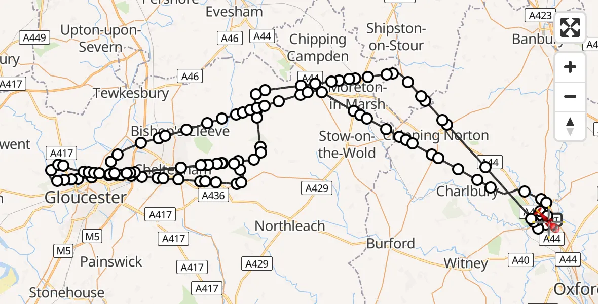 Flight path map showing Air Ambulance Helicopter route from London Oxford Airport to London Oxford Airport