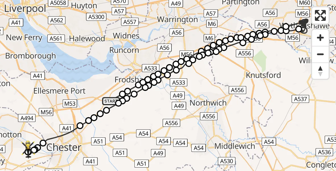 Flight path map showing Police Helicopter route from Helsby to Little Roodee