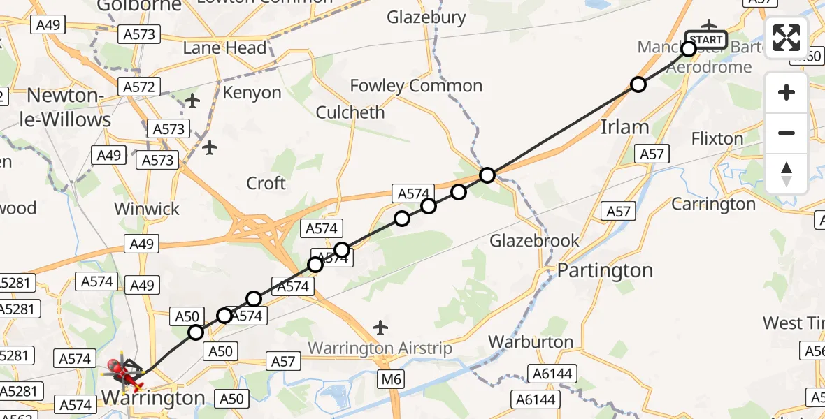 Flight path map showing Air Ambulance Helicopter route from Manchester Barton Aerodrome to Warrington