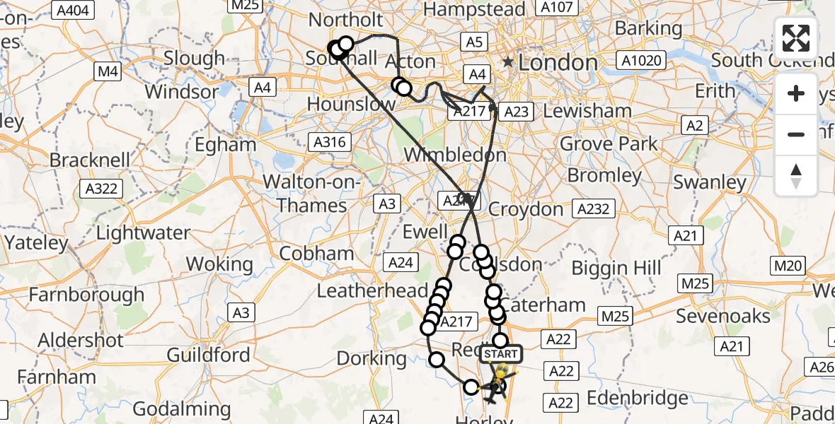 Flight path map showing Police Helicopter route from Nutfield to Salfords