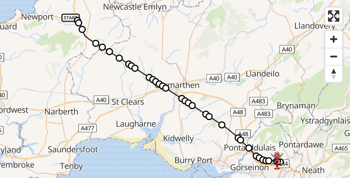 Flight path map showing Air Ambulance Helicopter route from Eglwyswrw to Morriston Hospital Helipad