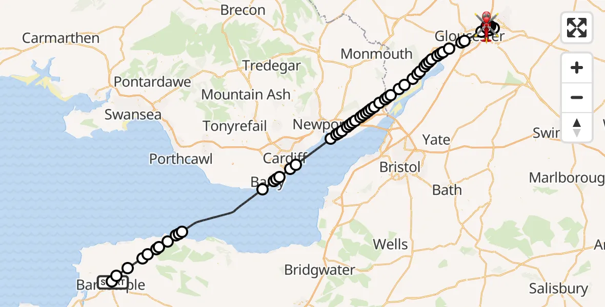 Flight path map showing Air Ambulance Helicopter route from North Devon Hospital to Gloucestershire Airport
