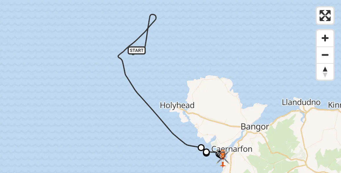 Flight path map showing Coastguard Helicopter route from Irish Sea to Caernarfon Airport