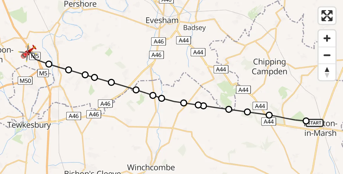 Flight path map showing Air Ambulance Helicopter route from Cotswold to Upper Strensham