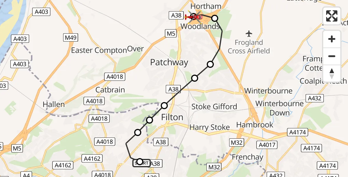 Flight path map showing Air Ambulance Helicopter route from Southmead Hospital to Almondsbury Helicopter Base