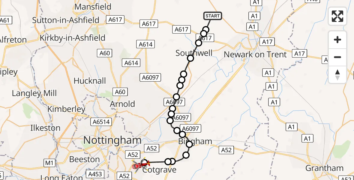 Routekaart van de vlucht: Air Ambulance Helicopter to Nottingham City Airport