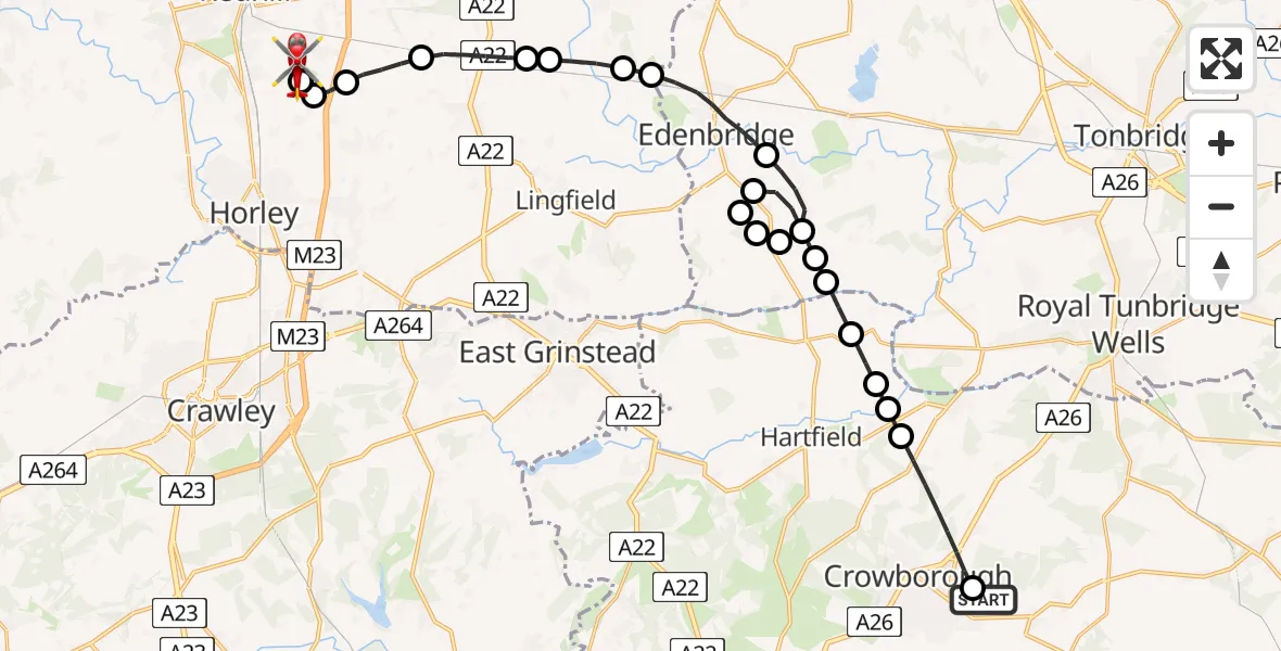 Flight path map showing Air Ambulance Helicopter route from Crowborough to Redhill Aerodrome