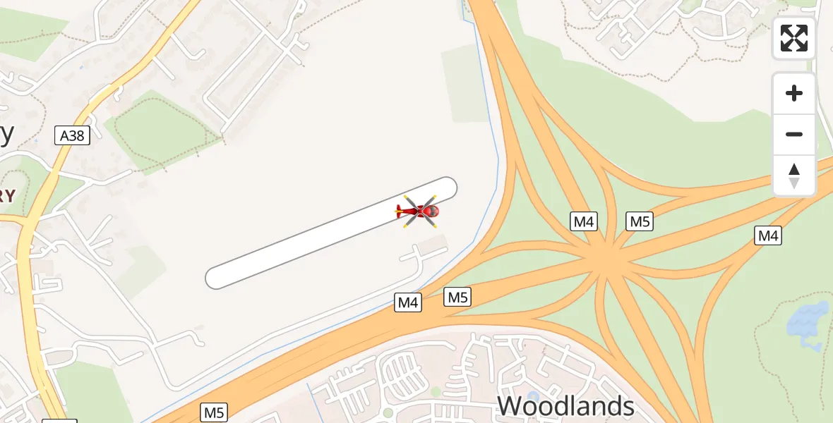 Flight path map showing Air Ambulance Helicopter route from Almondsbury Helicopter Base to Almondsbury Helicopter Base