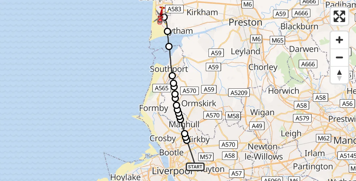 Flight path map showing Air Ambulance Helicopter route from Liverpool to Blackpool Airport
