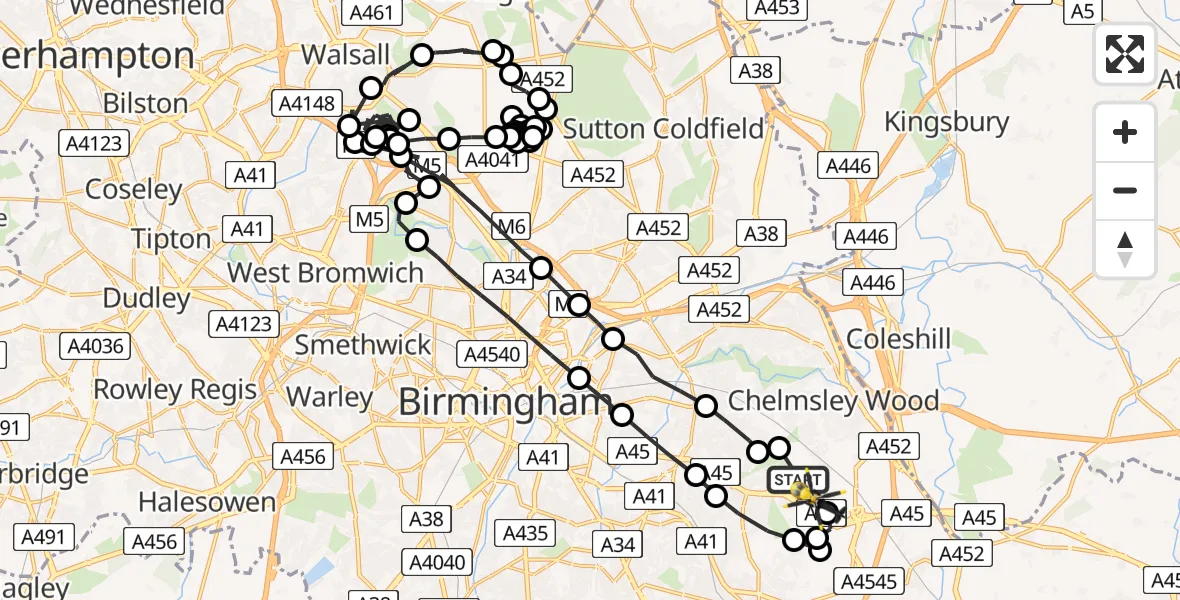 Flight path map showing Police Helicopter route from Birmingham Airport to Birmingham Airport