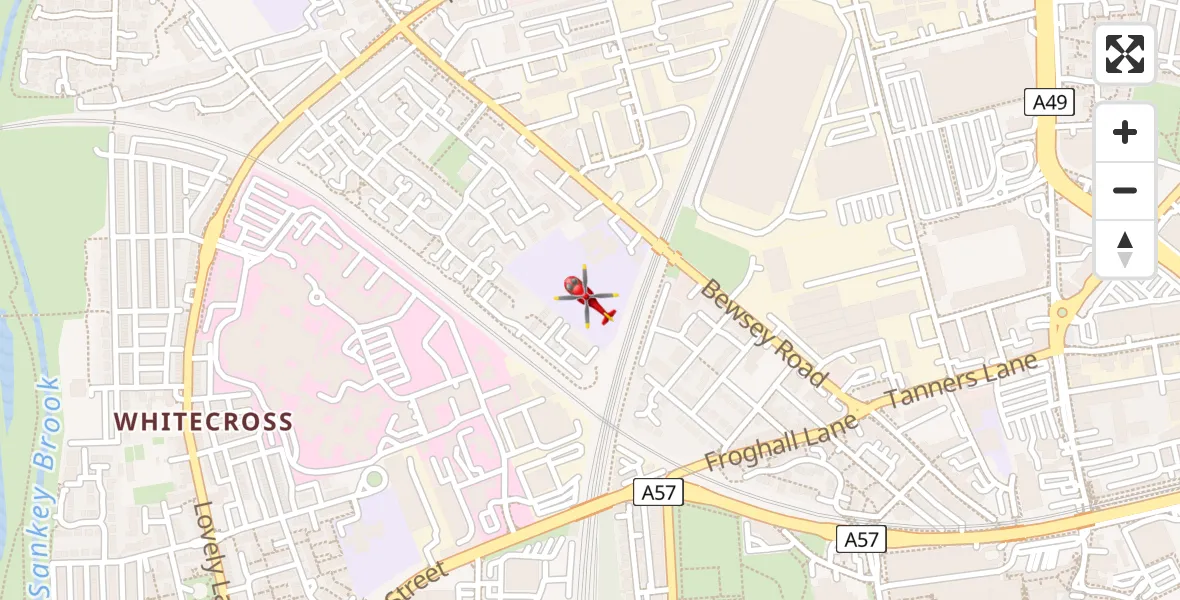 Flight path map showing Air Ambulance Helicopter route from Warrington to Warrington