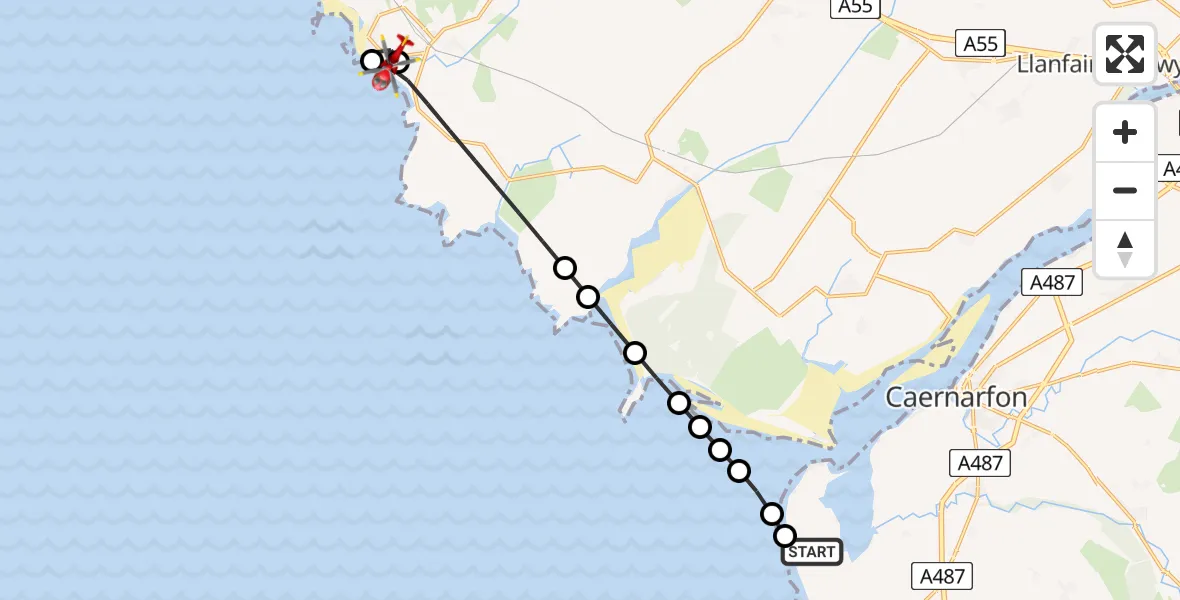 Flight path map showing Air Ambulance Helicopter route from Caernarfon Airport to Aberffraw