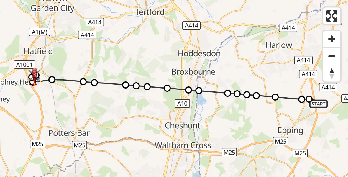 Routekaart van de vlucht: Air Ambulance Helicopter to Welham Green, Restricted Byway North Mymms 23