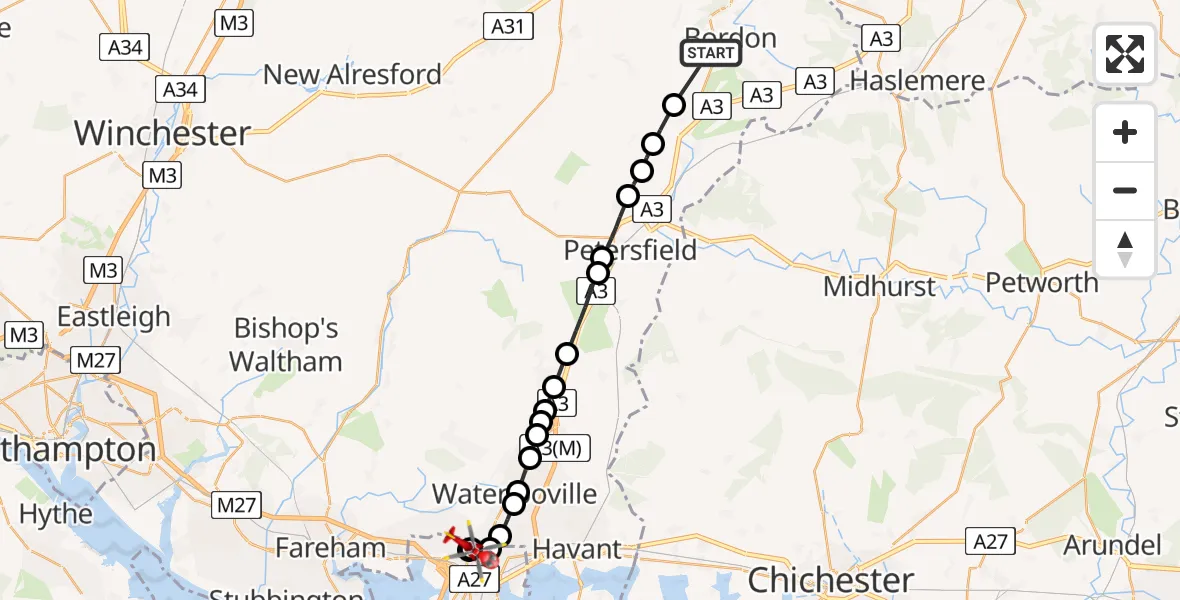 Flight path map showing Air Ambulance Helicopter route from Whitehill to Portsmouth