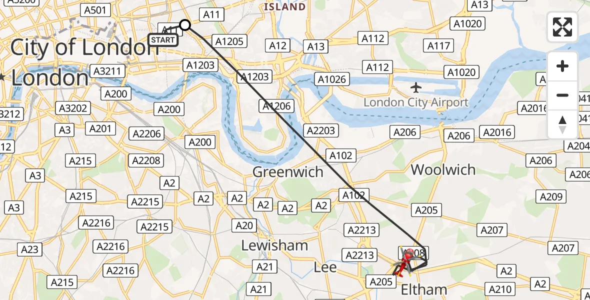 Flight path map showing Air Ambulance Helicopter route from Royal London Hospital to Greater London