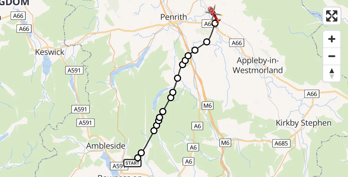 Flight path map showing Air Ambulance Helicopter route from Windermere to Culgaith