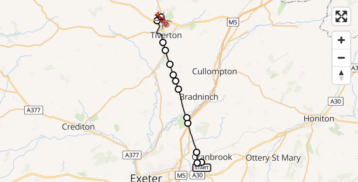 Flight path map showing Air Ambulance Helicopter route from Exeter International Airport to Bolham