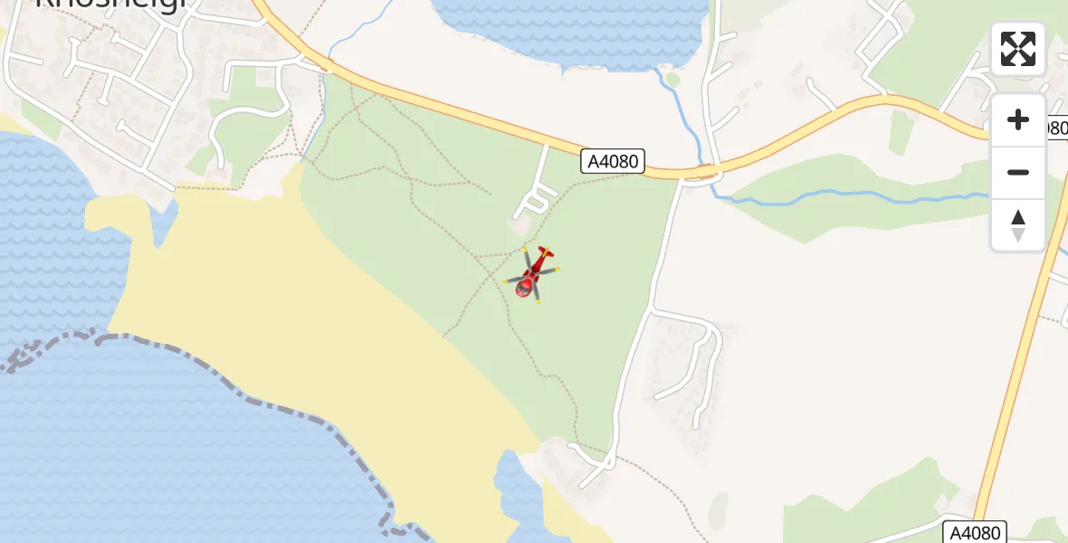 Flight path map showing Air Ambulance Helicopter route from Rhosneigr to Rhosneigr