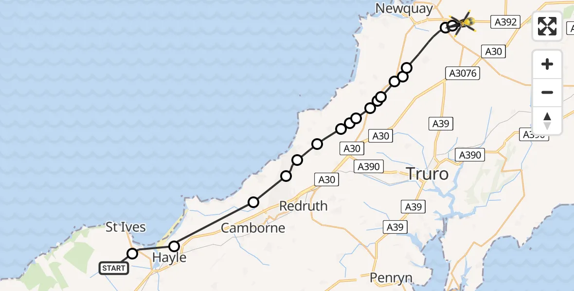 Flight path map showing Police Helicopter route from Towednack to St. Columb Major