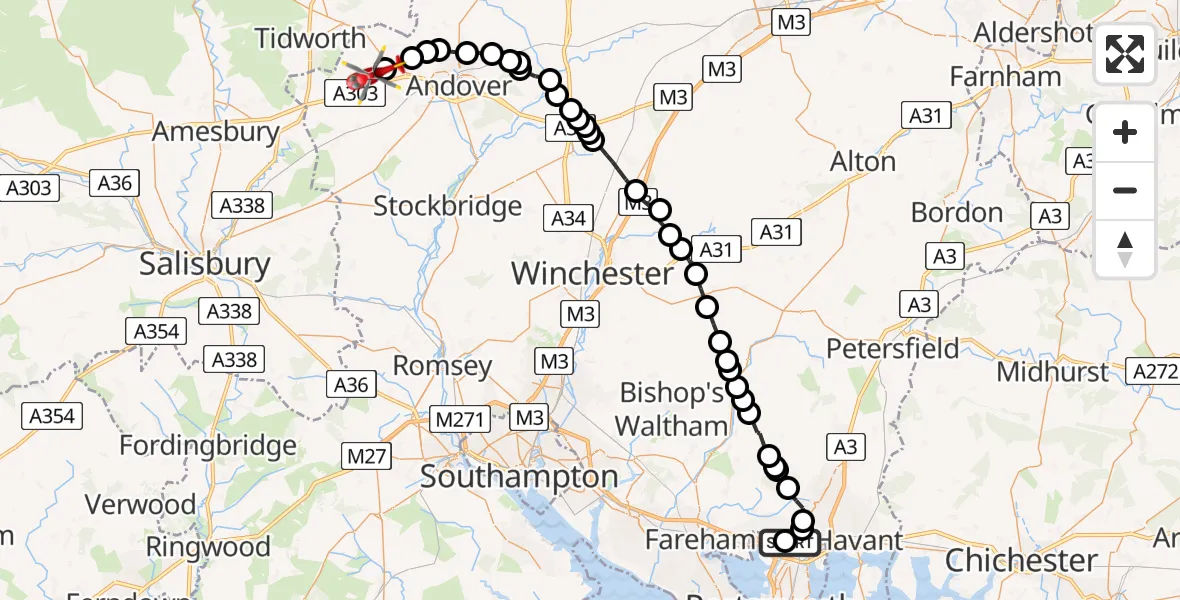 Flight path map showing Air Ambulance Helicopter route from Queen Alexandra Hospital to Fyfield