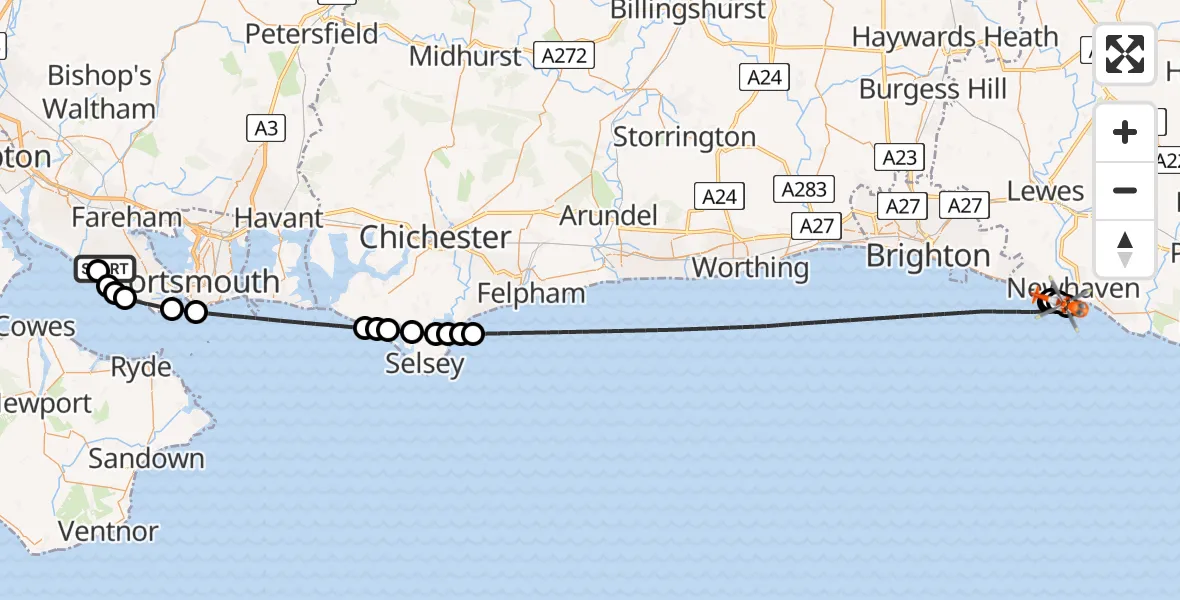 Flight path map showing Coastguard Helicopter route from Solent Airport to Newhaven