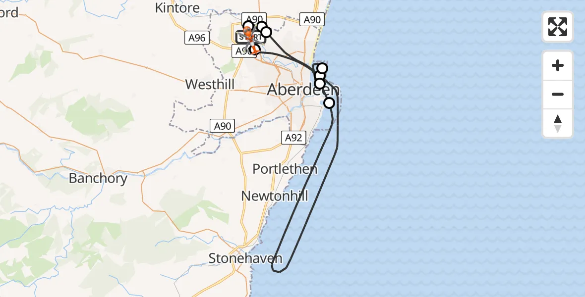 Flight path map showing Coastguard Helicopter route from Aberdeen International Airport to Aberdeen International Airport