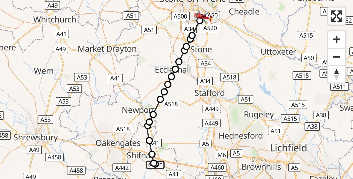 Flight path map showing Air Ambulance Helicopter route from RAF Cosford to Longton