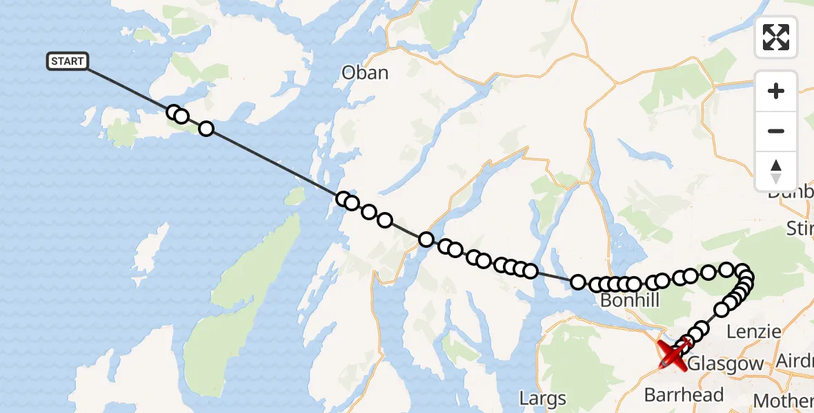 Flight path map showing Air Ambulance Aircraft route from Inner Seas to Glasgow Airport