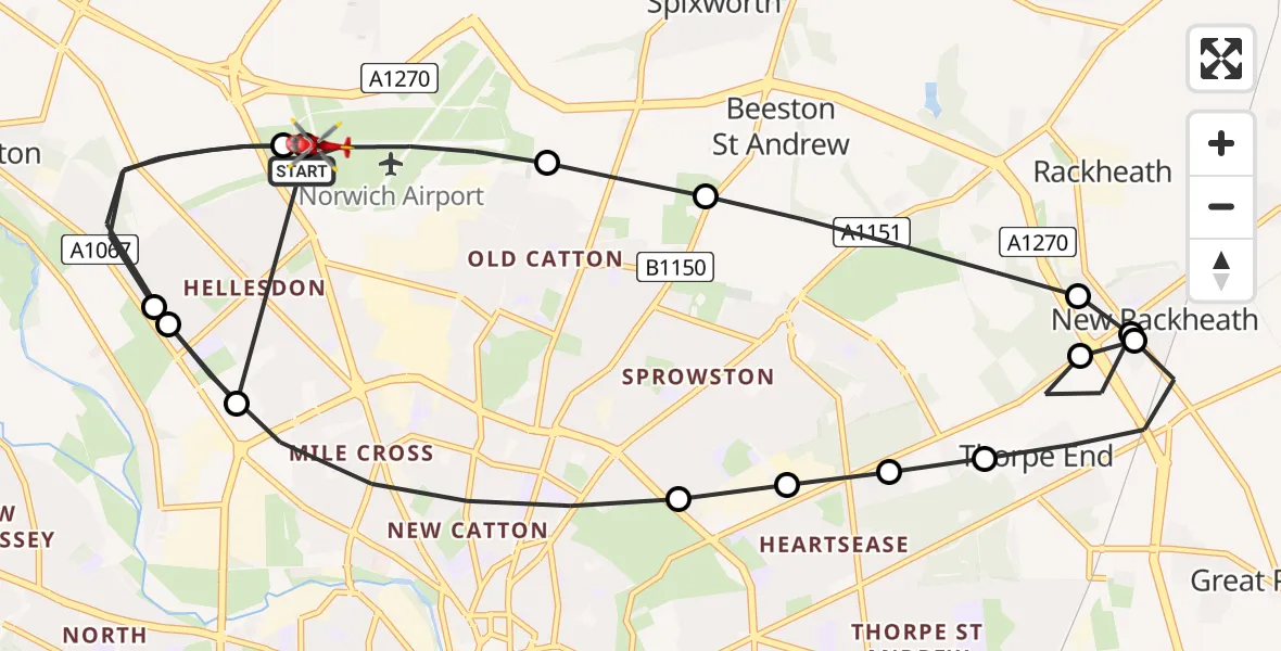 Flight path map showing Air Ambulance Helicopter route from Norwich Airport to Norwich Airport