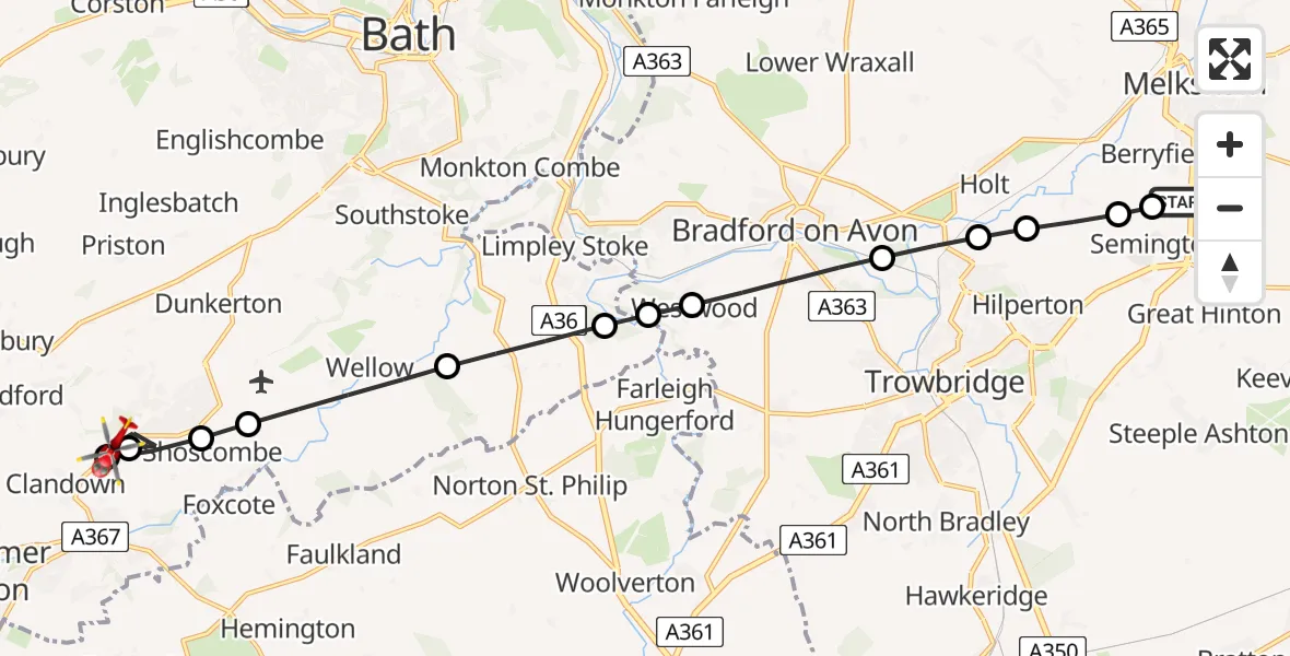 Flight path map showing Air Ambulance Helicopter route from Wiltshire Air Ambulance to Camerton