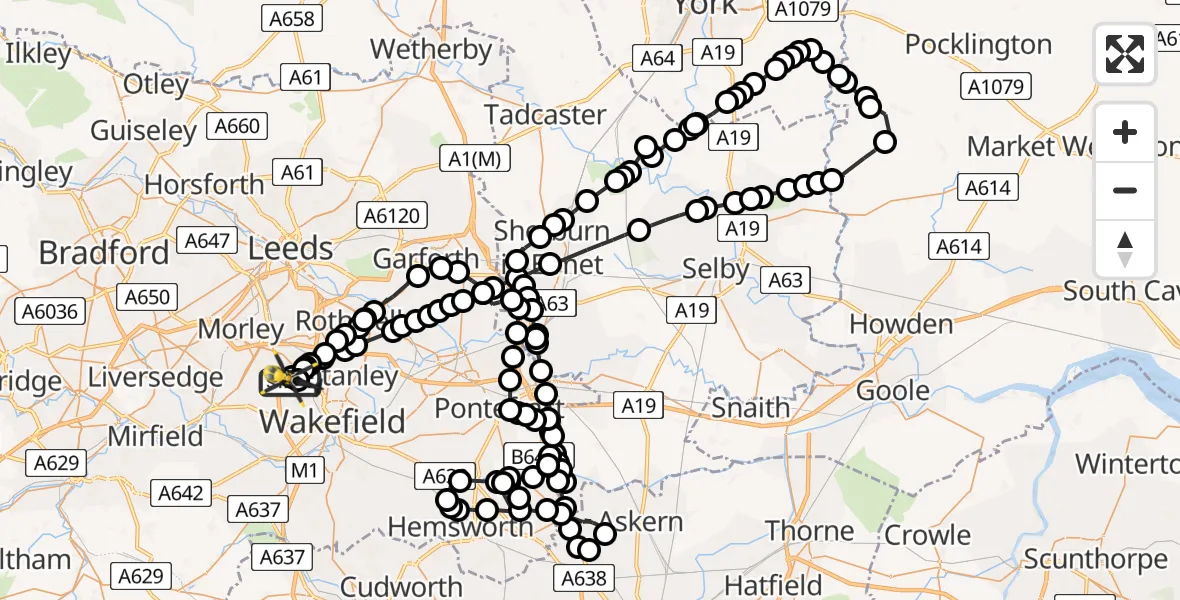 Flight path map showing Police Helicopter route from East Ardsley to East Ardsley