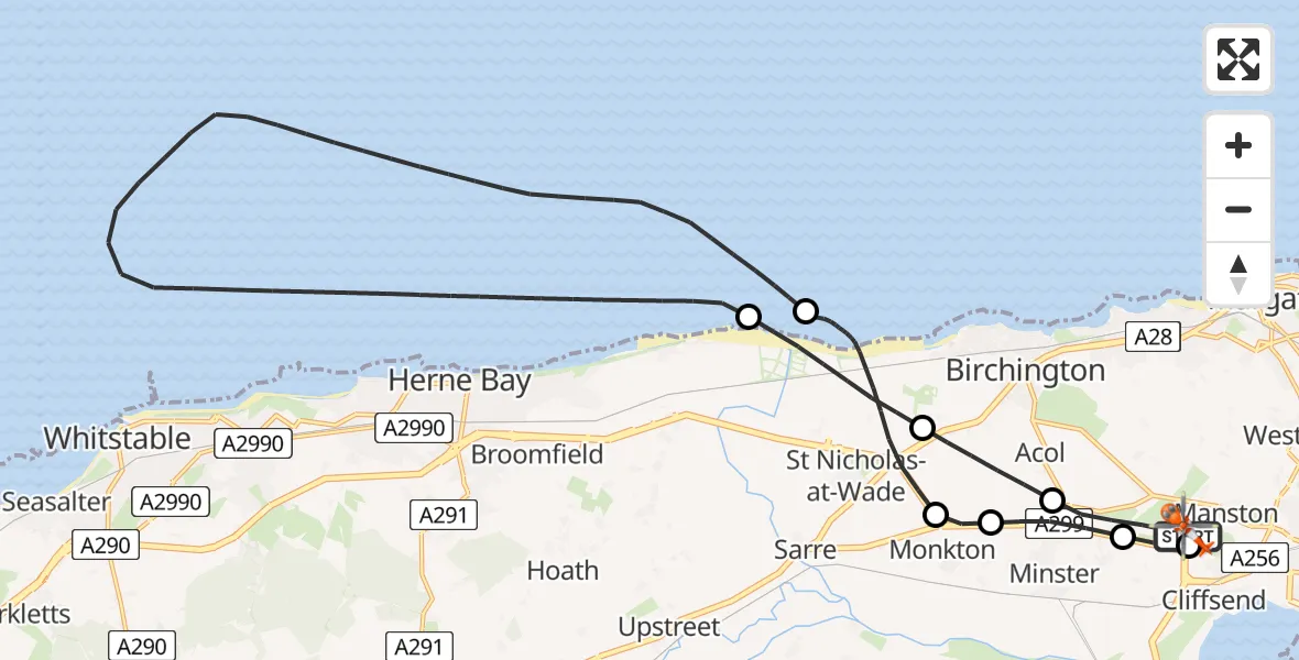 Flight path map showing Coastguard Helicopter route from Manston Airport to Manston Airport