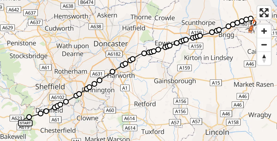 Flight path map showing Coastguard Helicopter route from Curbar CP to Humberside Airport