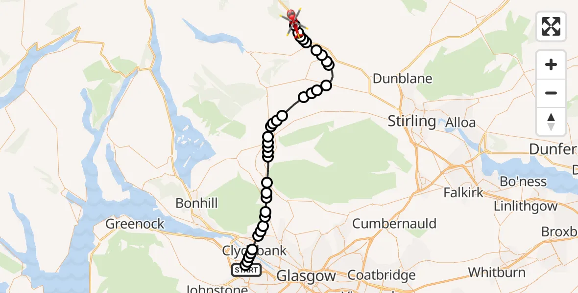 Flight path map showing Air Ambulance Helicopter route from Glasgow Airport to Stirling