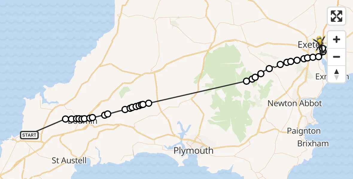 Flight path map showing Police Helicopter route from Newquay to Exeter