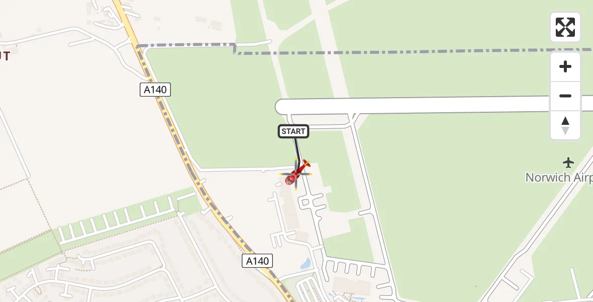 Flight path map showing Air Ambulance Helicopter route from Norwich Airport to Norwich Airport