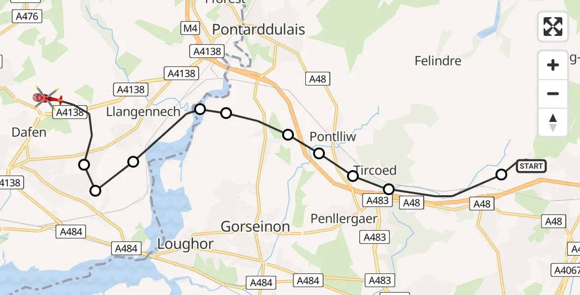 Flight path map showing Air Ambulance Helicopter route from Morriston Hospital Helipad to Dafen