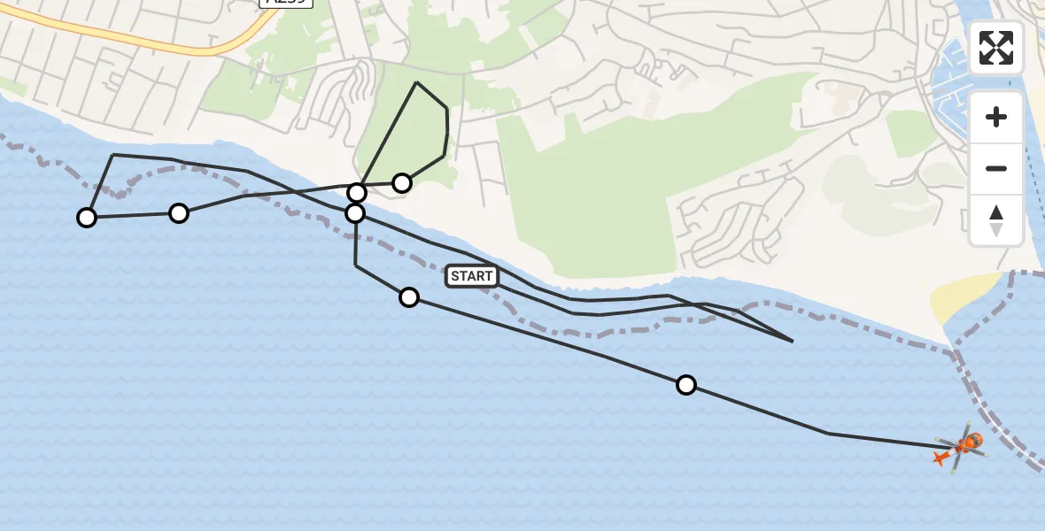 Flight path map showing Coastguard Helicopter route from Newhaven to English Channel