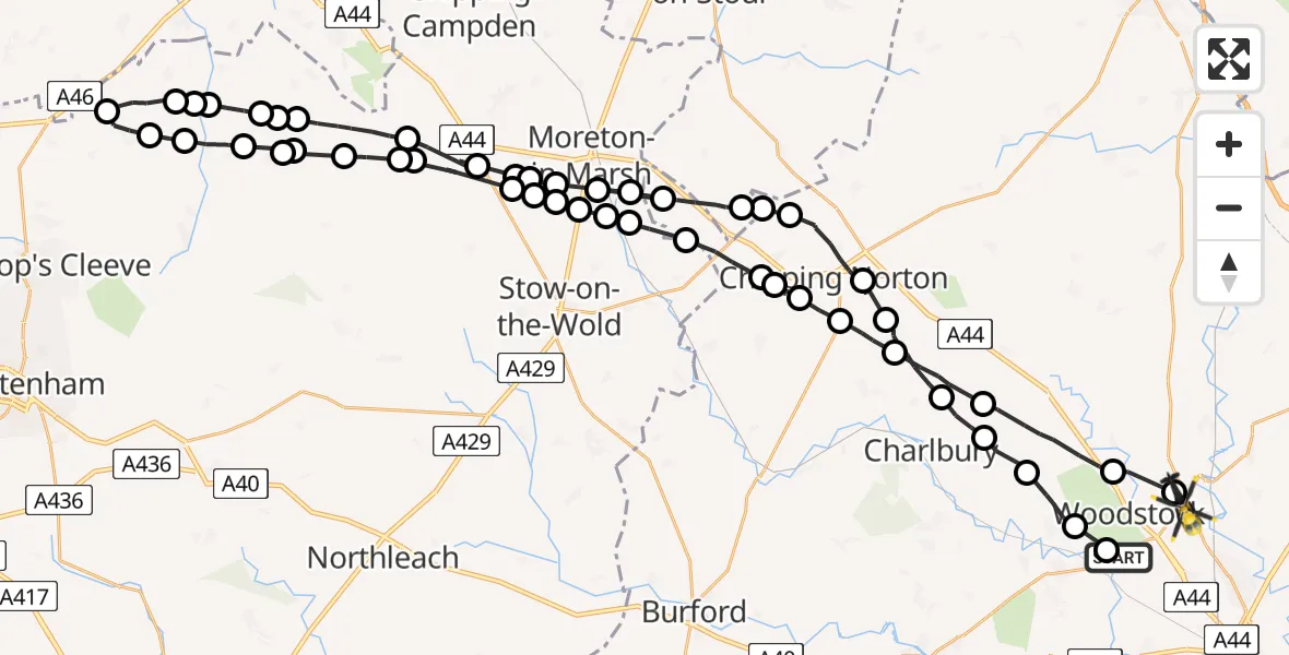 Flight path map showing Police Helicopter route from Bladon to Shipton-on-Cherwell